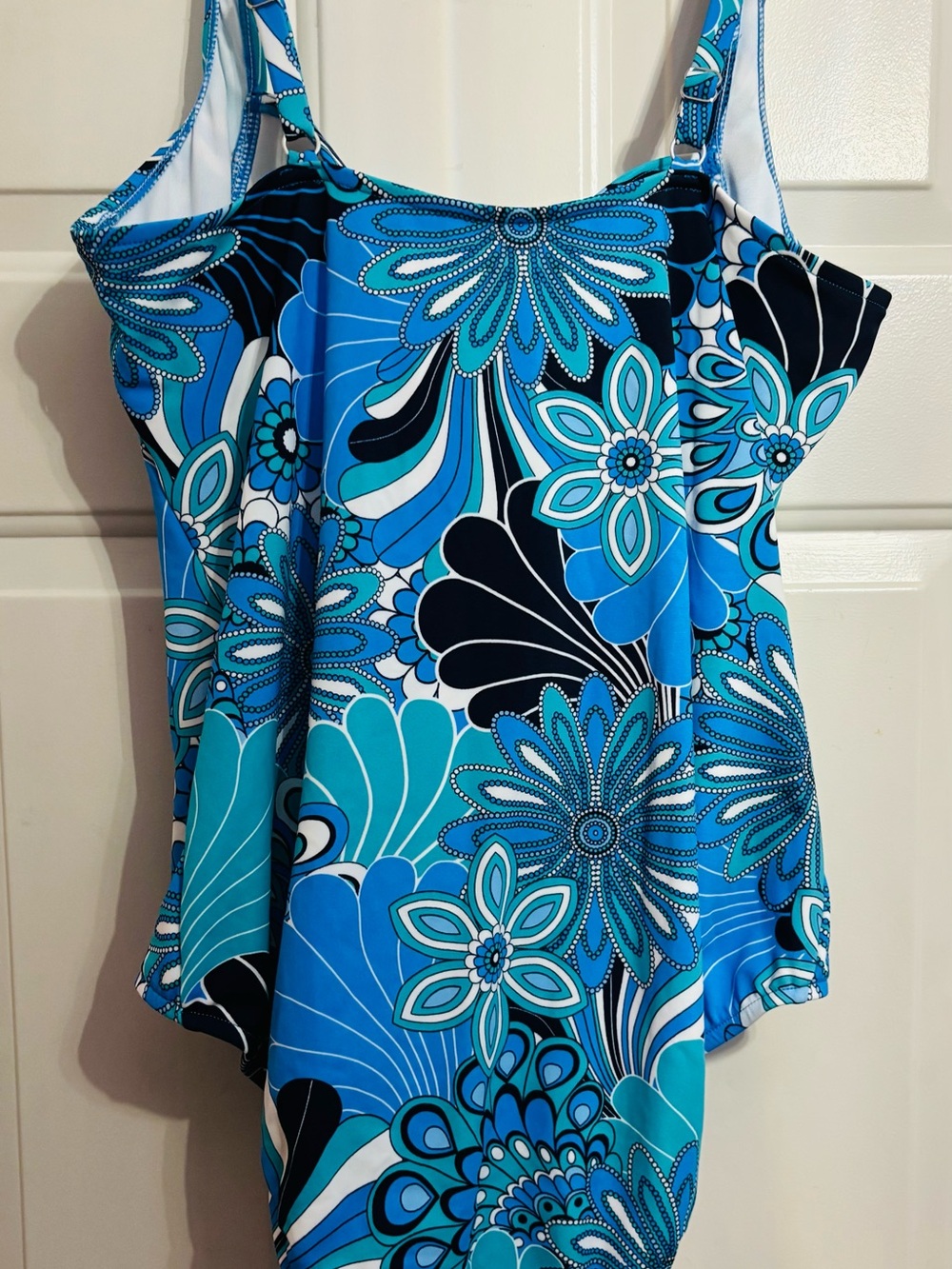 Tropical Blue/Turquoise Floral One-Piece Swimsuit with ruching—18W - Picture 9 of 10